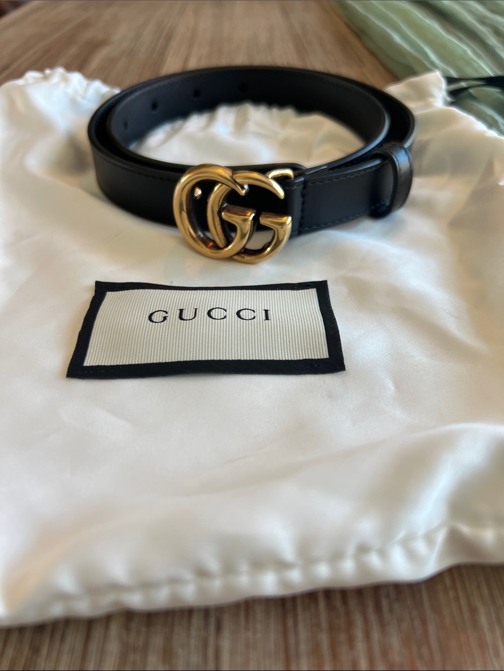 Gucci Marmont Thin Band Black Leather Belt w/ Gold GG Buckle